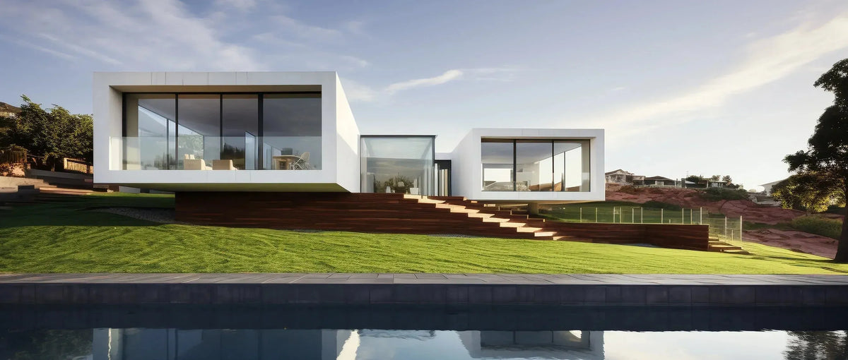 Sleek, minimalist architecture defines this hillside home, featuring white cubes and expansive glass overlooking a serene pool and lush lawn.