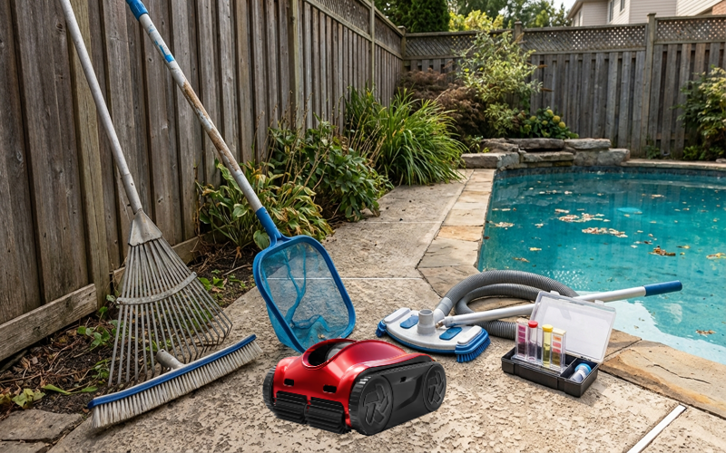 Essential pool cleaning tools arranged beside a residential swimming pool.