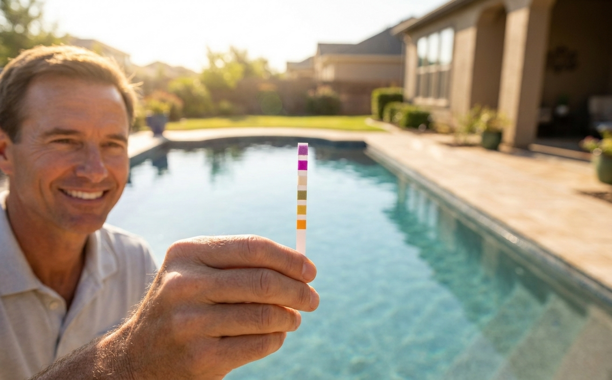 Pool test strips showing both high pH and high alkalinity readings
