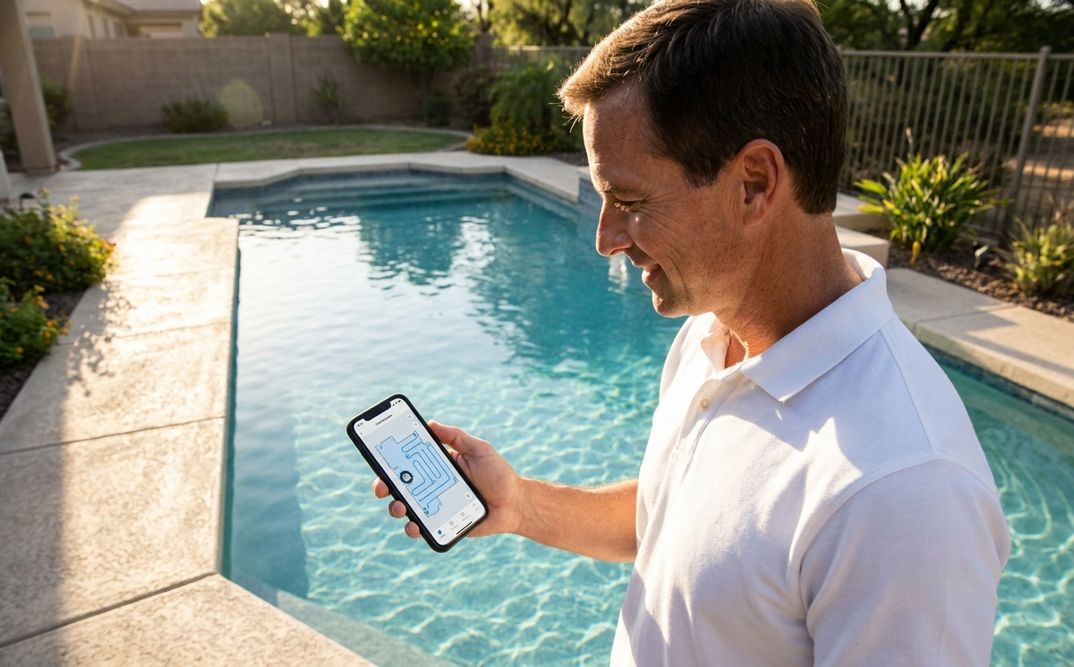 AI mapping pool robots show the cleaning path and coverage in a connected app