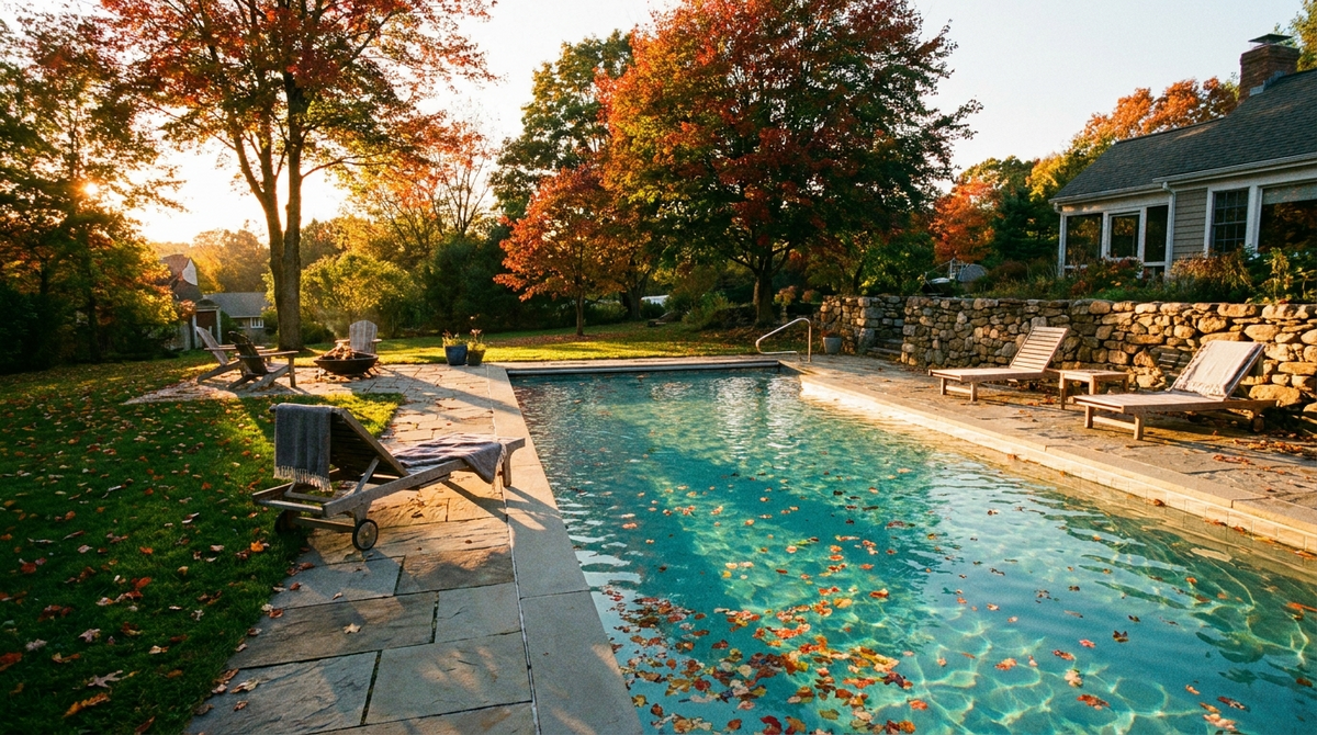A warm, clean backyard pool still ready to use as fall begins