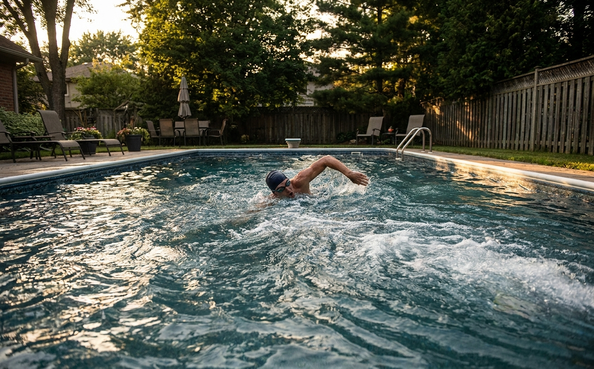 A portable swim jet turns an existing backyard pool into an endless swim lane
