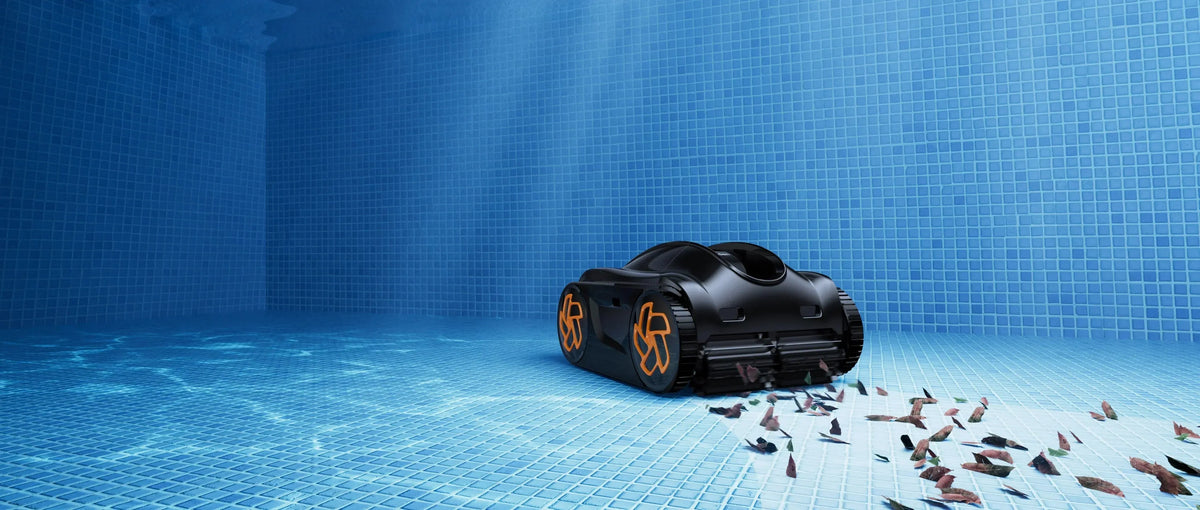 The iGarden Pool Cleaner K60 effortlessly removes debris from the bottom of a pool, gliding across the blue tiles to leave a perfectly clean path