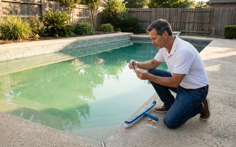Homeowner testing pool water beside a backyard swimming pool with light algae buildup before copper algaecide treatment