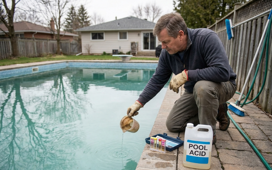 Homeowner preparing a safe pH adjustment beside a residential backyard pool