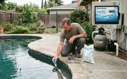 Pool owner checking saltwater system status beside a residential saltwater swimming pool