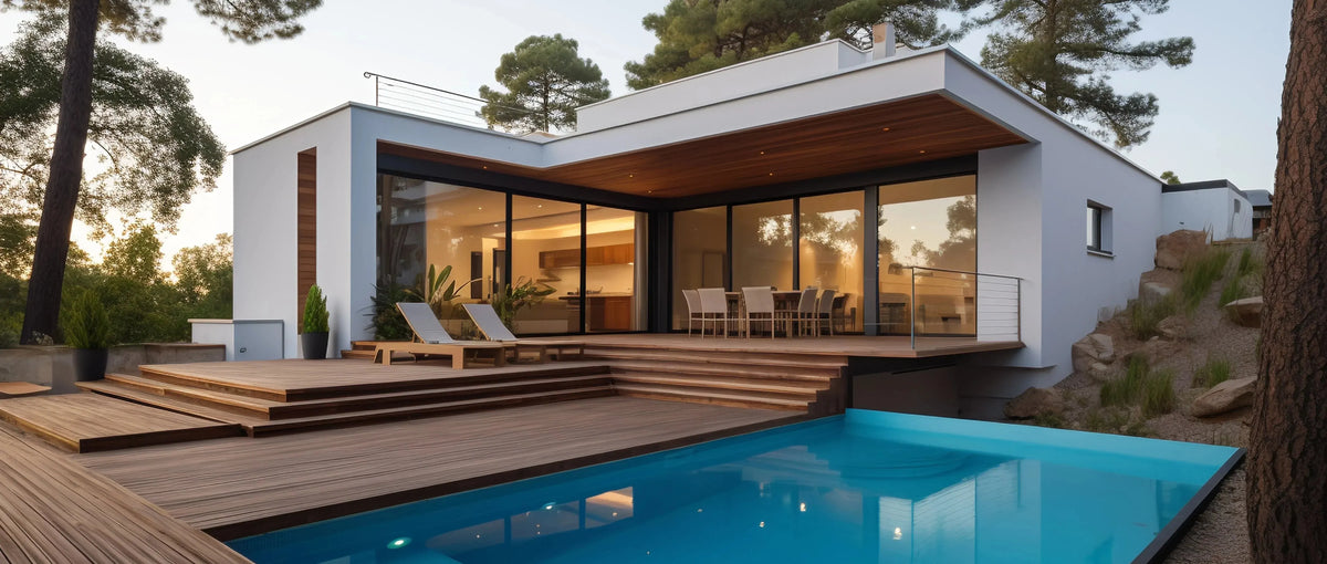 A sleek, modern house with a multi-level wooden deck, a swimming pool, and expansive glass walls, nestled in a serene, wooded setting