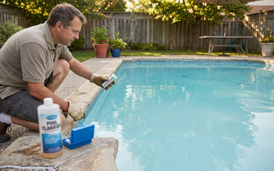 Homeowner checking slightly hazy pool water in a backyard swimming pool before using clarifier