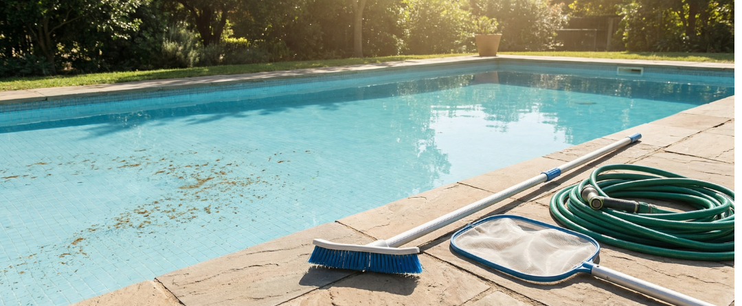 Residential pool with light dirt on the bottom and simple cleaning tools for non-vacuum pool cleaning