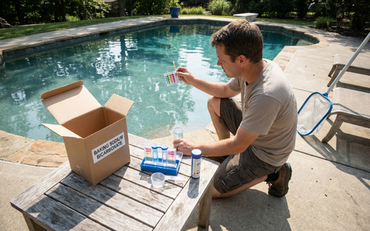 Homeowner testing pool water beside a backyard swimming pool with baking soda and basic maintenance tools