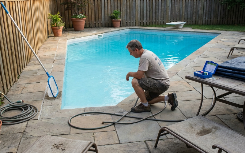 Homeowner maintaining a residential swimming pool as part of regular pool care costs