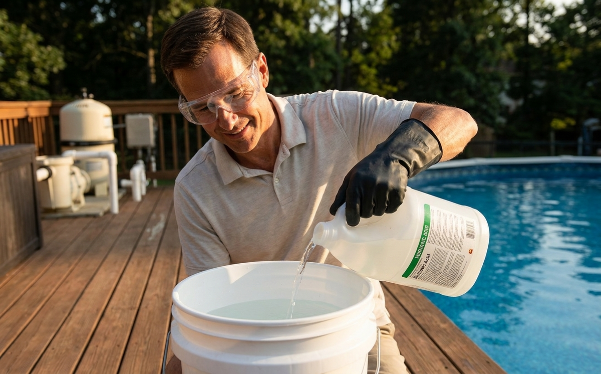The safe way to dose muriatic acid is to dilute it in a bucket of water first, then pour the mixture into the pool near a return jet