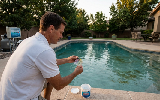 Homeowner preparing&nbsp; shock a backyard salt water pool in the evening