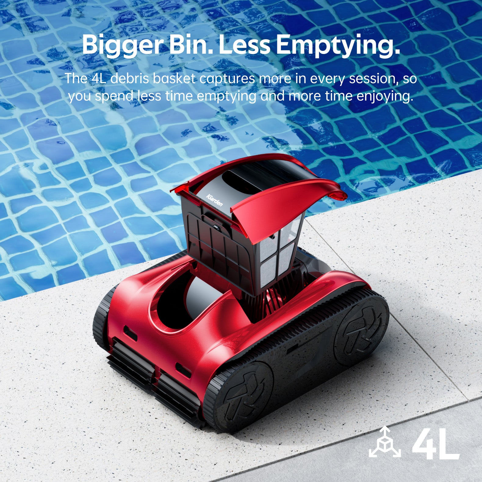 iGarden Pool Cleaner K Pro in red, featuring a 4L debris basket for less emptying and more pool time.