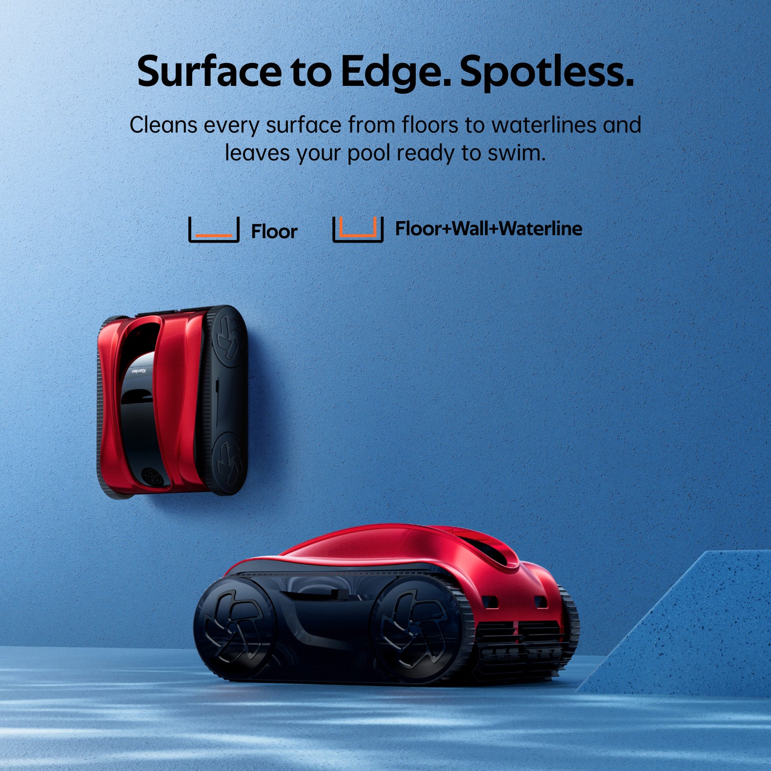 iGarden K Pro pool cleaner, cleans pool surfaces from floor to waterline, with red and black design