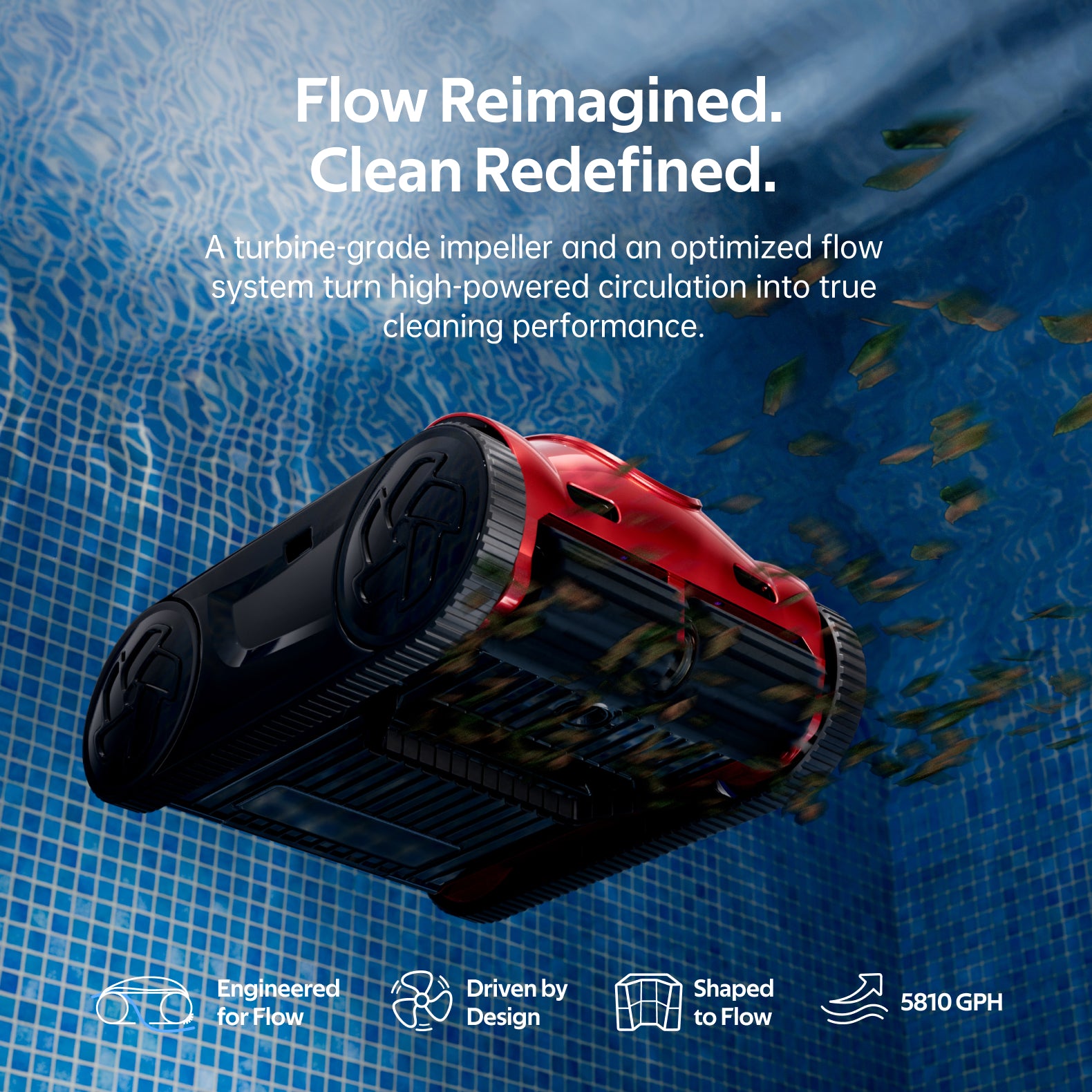 iGarden K Pro pool cleaner: Red and black robotic cleaner with turbine impeller for efficient pool cleaning. Flow Reimagined.
